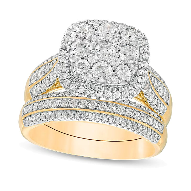 Brautset mit Komposit-Diamanten, Kissenschliff-Rahmen, mehrreihig, 1.5 CT. Gesamtgewicht in 10K Gelbgold