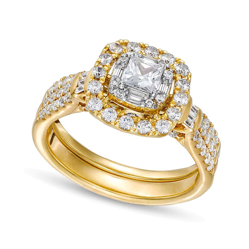 1.0 CT. Gesamtgewicht Braut-Set mit Diamanten im Princess-, Rund- und Kissenschliff in 10K Gelbgold