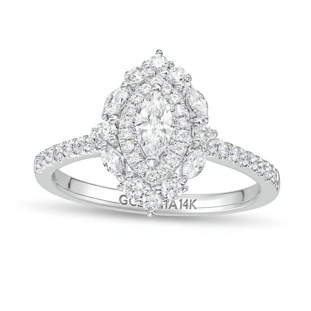 0,75 ct. Gesamtgewicht Verlobungsring mit Marquise-Diamant und doppeltem Halo in 14K Weißgold (I/I1)