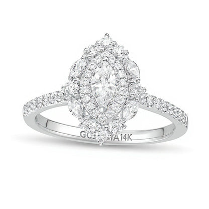 0,75 ct. Gesamtgewicht Verlobungsring mit Marquise-Diamant und doppeltem Halo in 14K Weißgold (I/I1)