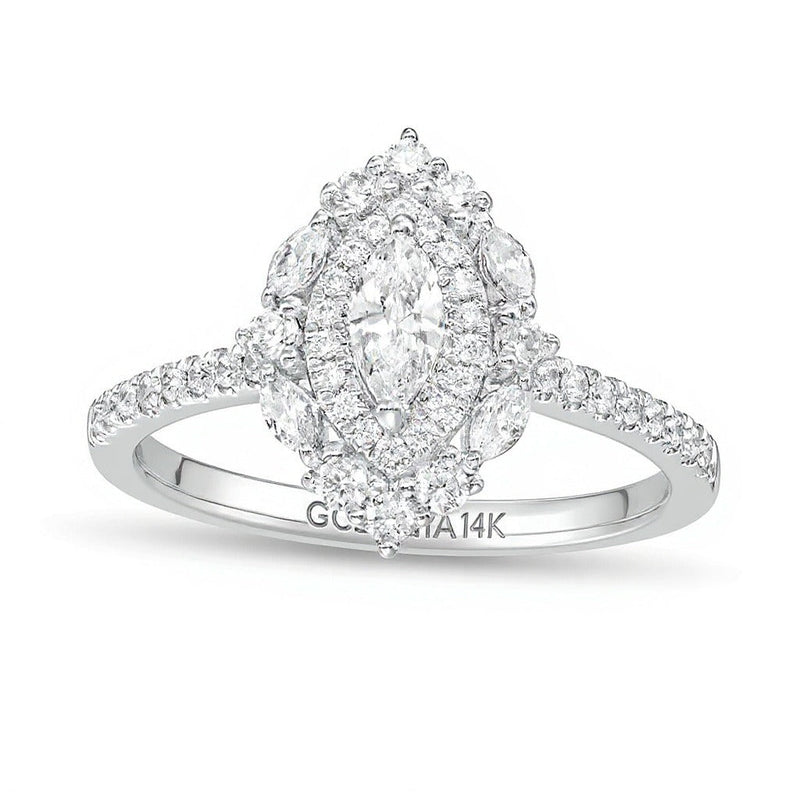 0,75 ct. Gesamtgewicht Verlobungsring mit Marquise-Diamant und doppeltem Halo in 14K Weißgold (I/I1)