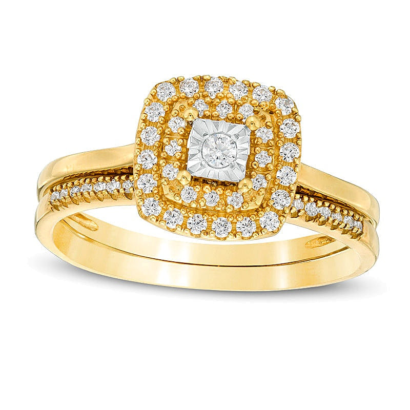 0.25 ct. Gesamtgewicht Diamant Brautset mit doppeltem Kissenschliff-Rahmen in 10K Gelbgold
