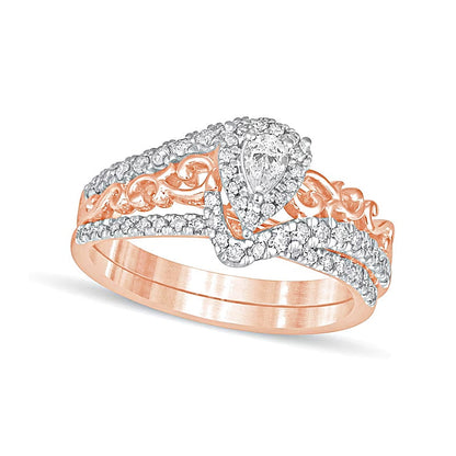 0.63 ct. Gesamtgewicht Braut-Set mit tropfenförmigen und runden weißen Diamanten in 10K Roségold