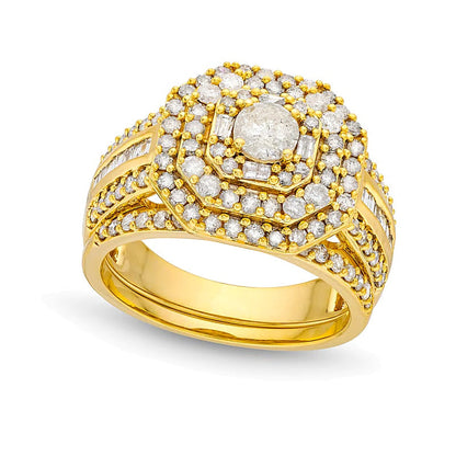 Brautset mit Diamanten in rund, Baguette & Kissenschliff, dreireihiger Oktagon-Fassung, 1.5 ct. Gesamtgewicht, 10K Gelbgold