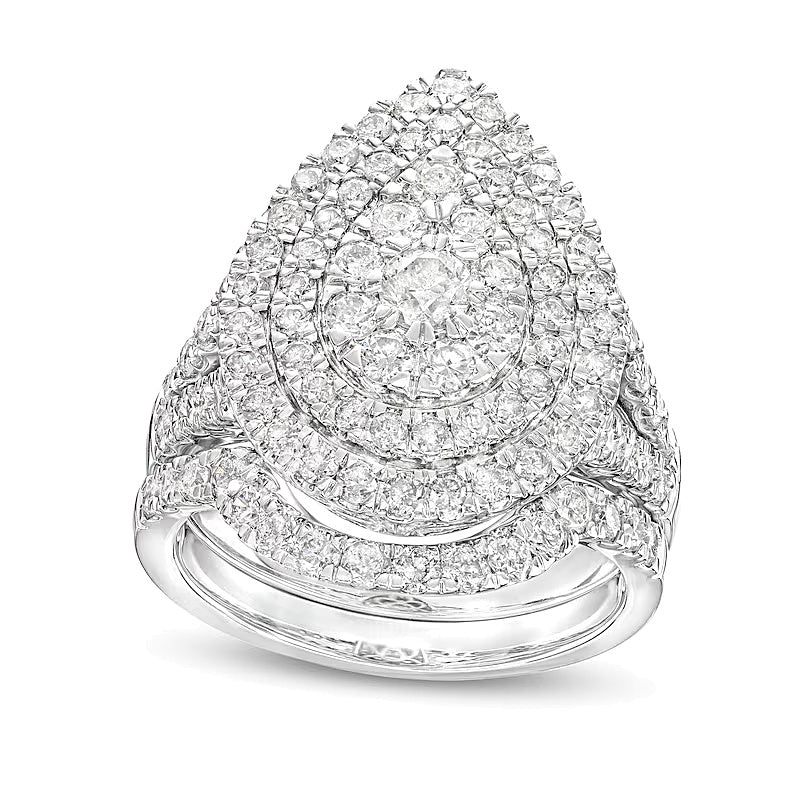Braut-Set 2.0 ct. Gesamtgewicht mit tropfenförmigen Diamanten, doppeltem Rahmen und geteiltem Ringschienen-Design in 14K Weißgold
