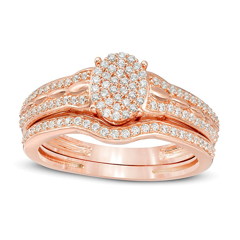Brautset mit Diamanten 0,33 ct. Gesamtgewicht in Rundschliff und ovalem Schliff in 10K Roségold