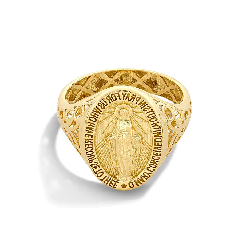 Miraculous-Medaille Siegelring aus massivem 14K Gelbgold für Damen - Größe 7