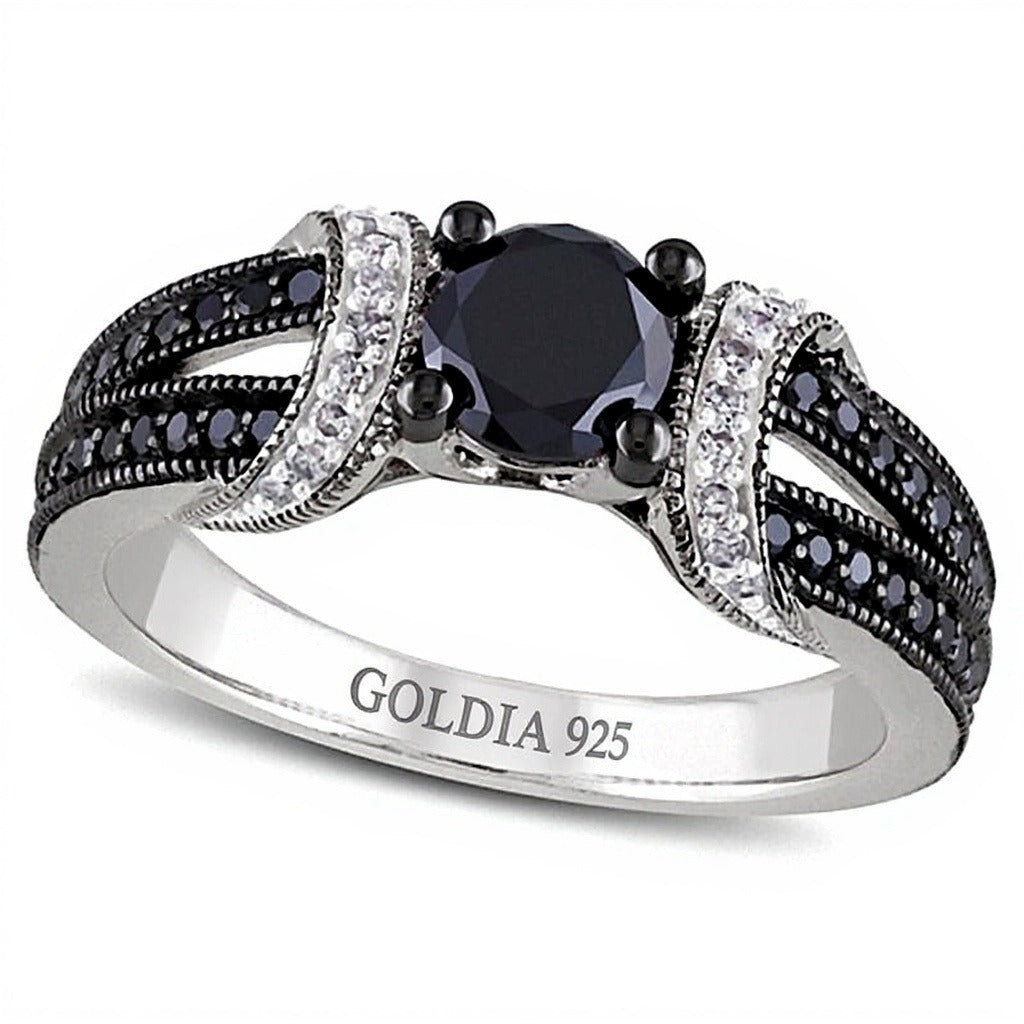 1.0 CT. TW Verlobungsring mit behandelten schwarzen und weißen Diamanten in rhodiniertem Sterlingsilber 925