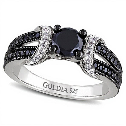 1.0 CT. TW Verlobungsring mit behandelten schwarzen und weißen Diamanten in rhodiniertem Sterlingsilber 925