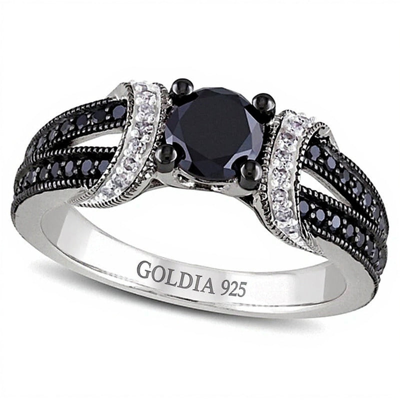 1.0 CT. TW Verlobungsring mit behandelten schwarzen und weißen Diamanten in rhodiniertem Sterlingsilber 925