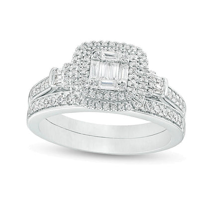 0,5 ct. Gesamtgewicht Komposit-Diamant Braut-Set mit doppeltem Kissenschliff-Rahmen in 10K Weißgold