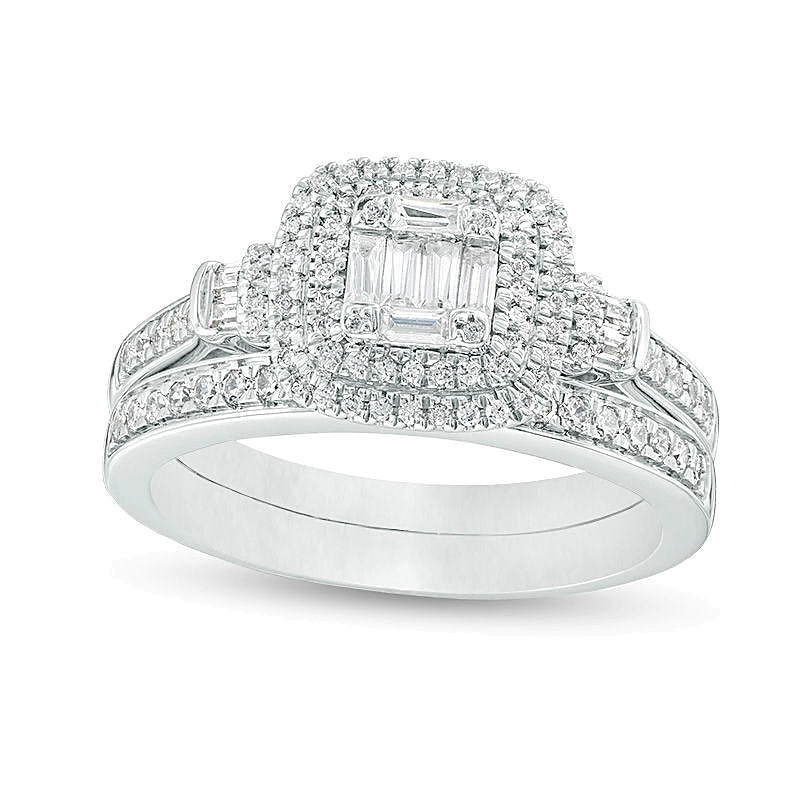 0,5 ct. Gesamtgewicht Komposit-Diamant Braut-Set mit doppeltem Kissenschliff-Rahmen in 10K Weißgold