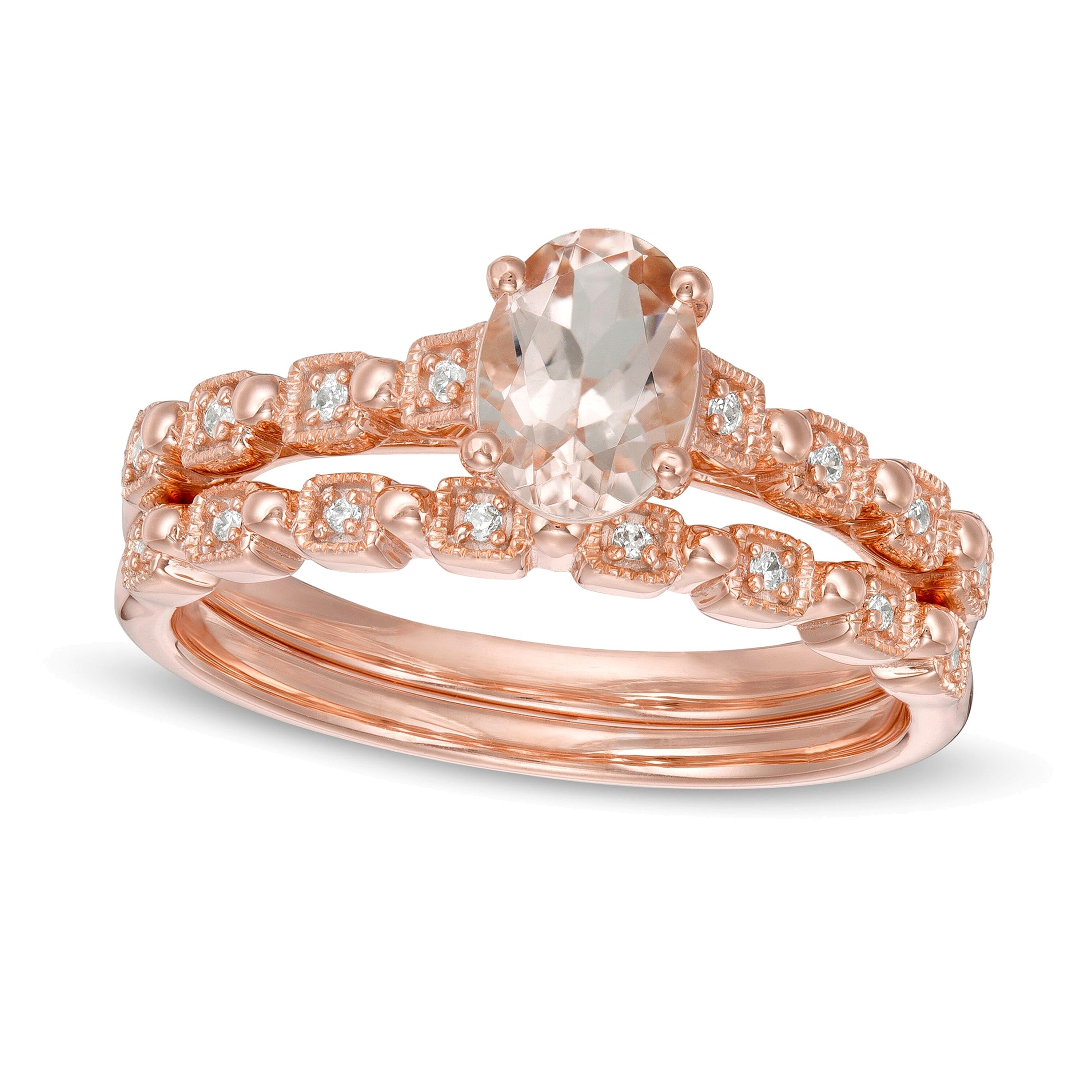 Braut-Set mit ovalem Morganit und 0,07 ct. Gesamtgewicht Diamanten im Art-déco-Stil in 10K Roségold