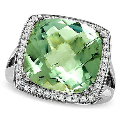 Ring mit Quarz im Kissenschliff aus rhodiniertem Sterlingsilber mit Diamant-Besatz für Damen