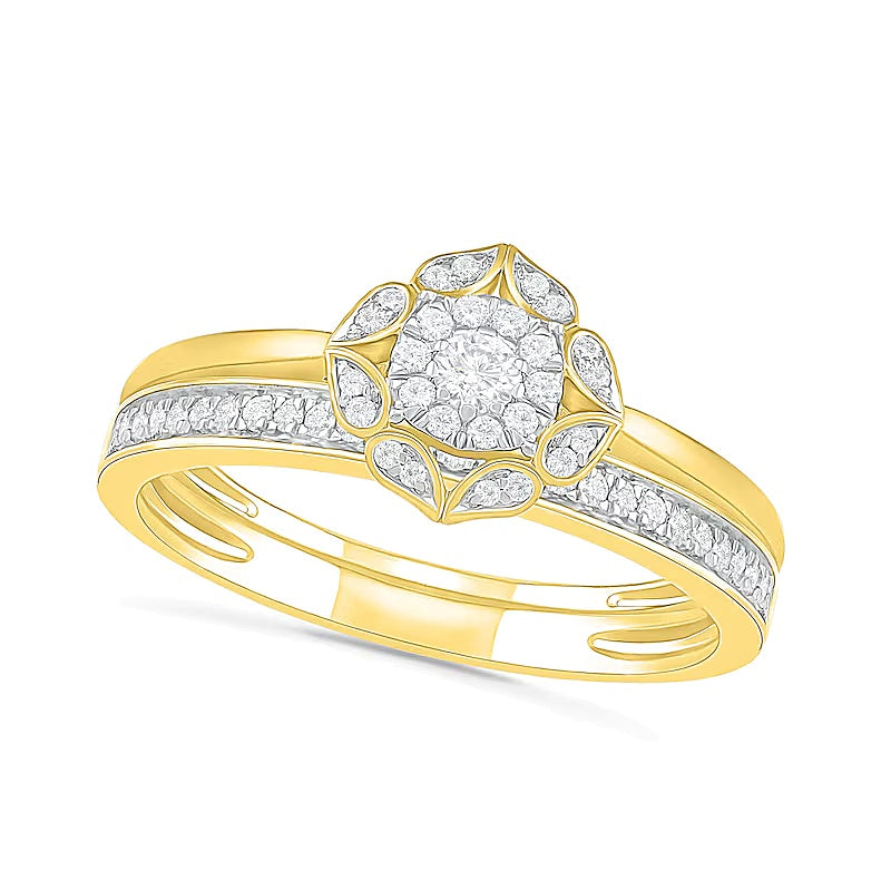 0.33 ct. Gesamtgewicht Diamant Brautset mit Blütenrahmen in 10K Gelbgold
