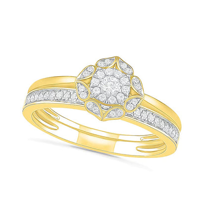 0.33 ct. Gesamtgewicht Diamant Brautset mit Blütenrahmen in 10K Gelbgold