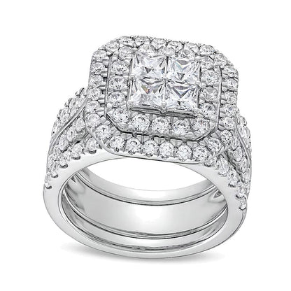 3.0 ct. Gesamtgewicht Multi-Diamant Komposit Halo dreiteiliges Brautset in 14K Weißgold
