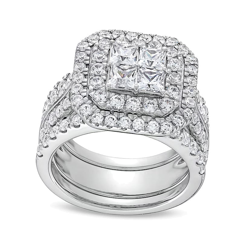 3.0 ct. Gesamtgewicht Multi-Diamant Komposit Halo dreiteiliges Brautset in 14K Weißgold