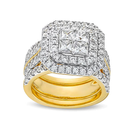 3.0 ct. Gesamtgewicht Multi-Diamant Komposit Halo Dreiteiliges Brautset in 14K Gelbgold