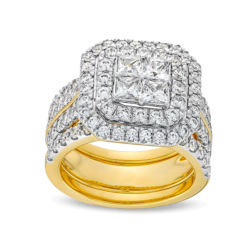 3.0 ct. Gesamtgewicht Multi-Diamant Komposit Halo Dreiteiliges Brautset in 14K Gelbgold