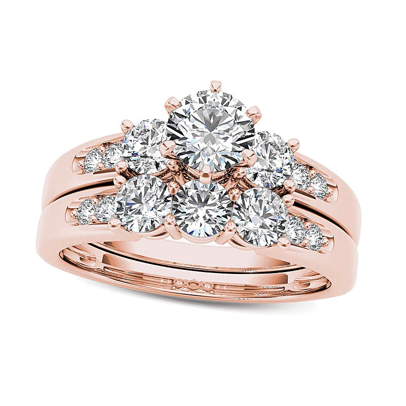 Braut-Set mit Diamanten 1,5 ct. Gesamtgewicht, rund, Dreistein, in 14K Roségold
