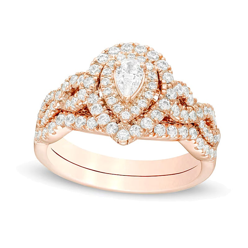 1.0 ct. Gesamtgewicht Braut-Set mit tropfenförmigen Diamanten und doppeltem Rahmen in 14K Roségold