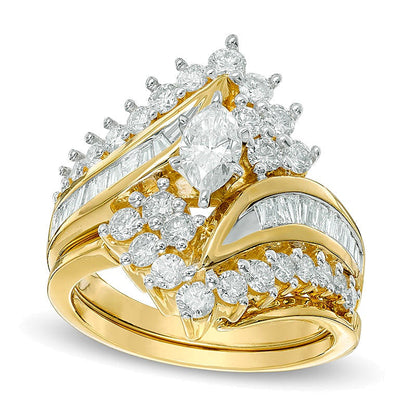 1.5 CT. Gesamtgewicht Braut-Set mit Diamanten im Marquise- und Baguette-Schliff in 14K Gelbgold