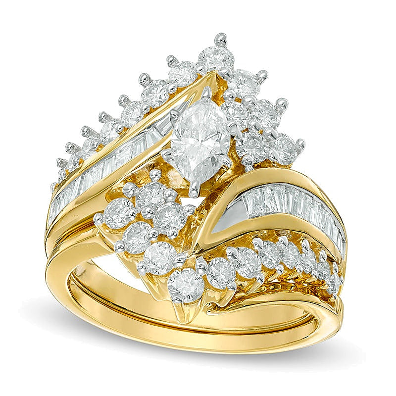 1.5 CT. Gesamtgewicht Braut-Set mit Diamanten im Marquise- und Baguette-Schliff in 14K Gelbgold