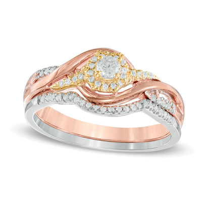 0.25 ct. Gesamtgewicht Diamant Brautset mit Swirl-Rahmen in 10K Tri-Color Gold