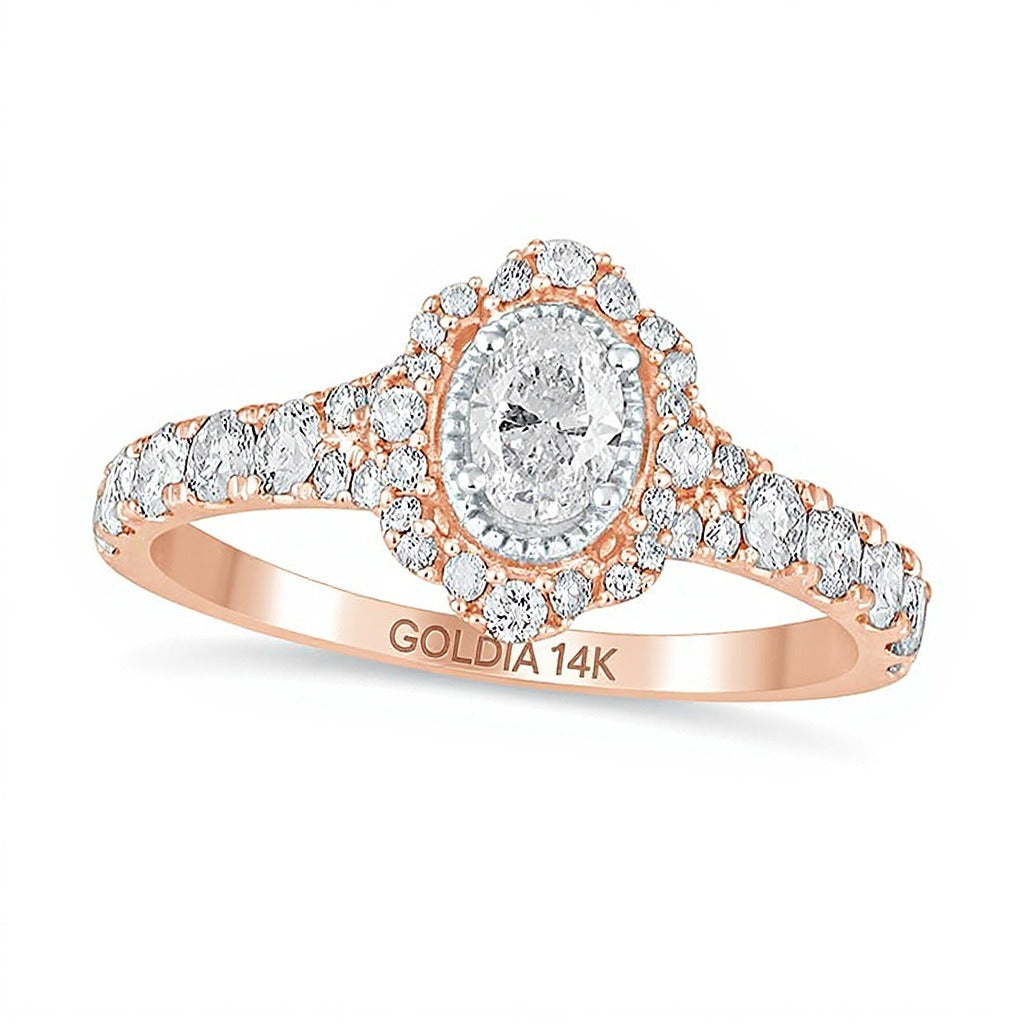 1.0 CT. TW Verlobungsring im Vintage-Stil mit ovalem Diamant und Halo in 14K Roségold