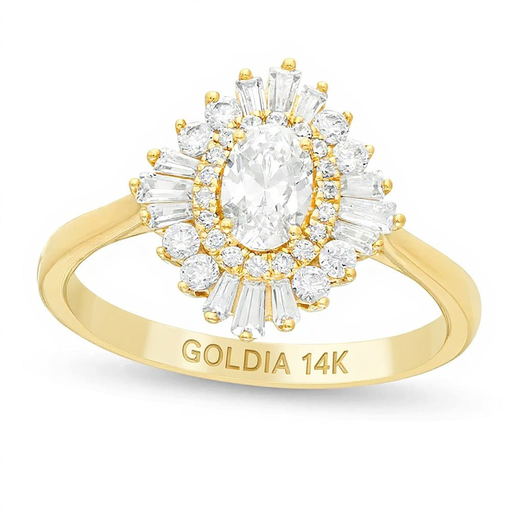 Verlobungsring mit ovalem Diamant und Halo, 1.0 ct. Gesamtgewicht, in 14K Gelbgold