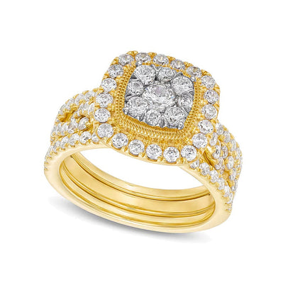 1.63 CT. Gesamtgewicht Braut-Set im Kissenschliff mit mehreren Diamanten und gedrehter Ringschiene, dreiteilig, aus 10K Gelbgold