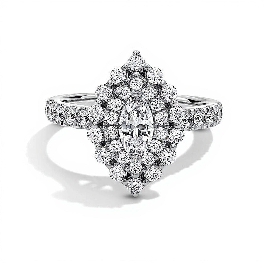 1.5 CT. Gesamtgewicht Halo-Verlobungsring mit Diamanten im Marquise- und Rundschliff in 14K Weißgold