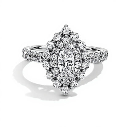 1.5 CT. Gesamtgewicht Halo-Verlobungsring mit Diamanten im Marquise- und Rundschliff in 14K Weißgold
