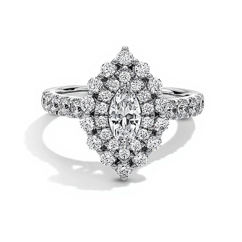 1.5 CT. Gesamtgewicht Halo-Verlobungsring mit Diamanten im Marquise- und Rundschliff in 14K Weißgold