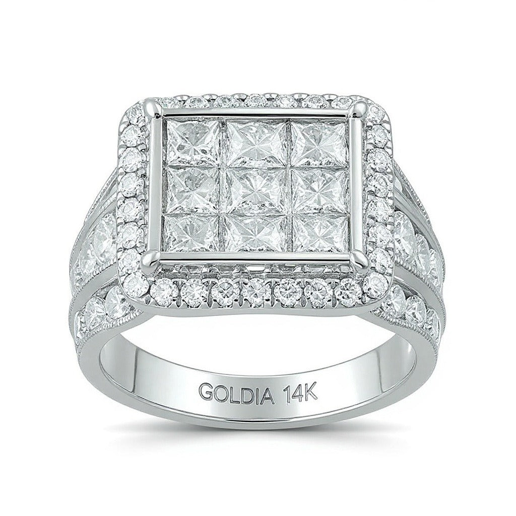 Verlobungsring 7.0 ct. Gesamtgewicht mit Diamanten im Princess- und Rundschliff, Komposit-Halo, dreireihig, in 14K Weißgold
