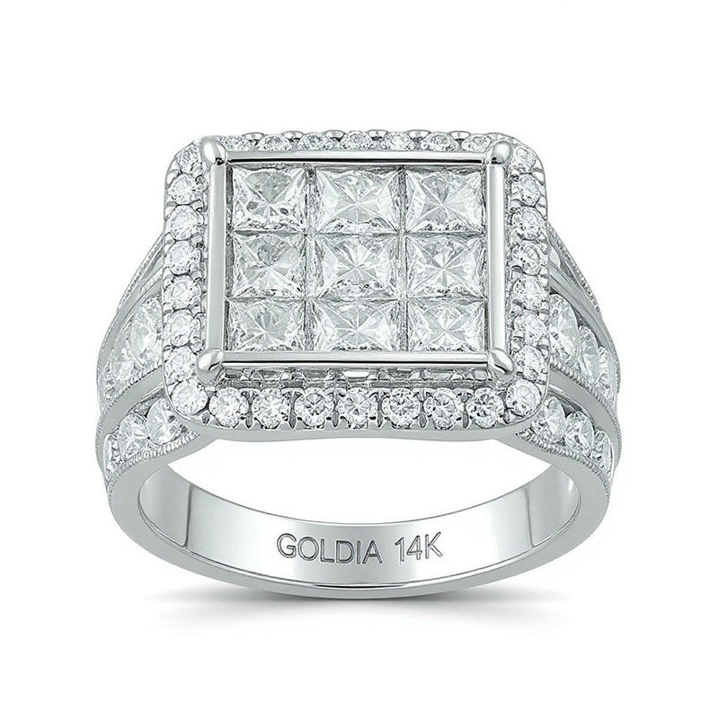 Verlobungsring 7.0 ct. Gesamtgewicht mit Diamanten im Princess- und Rundschliff, Komposit-Halo, dreireihig, in 14K Weißgold