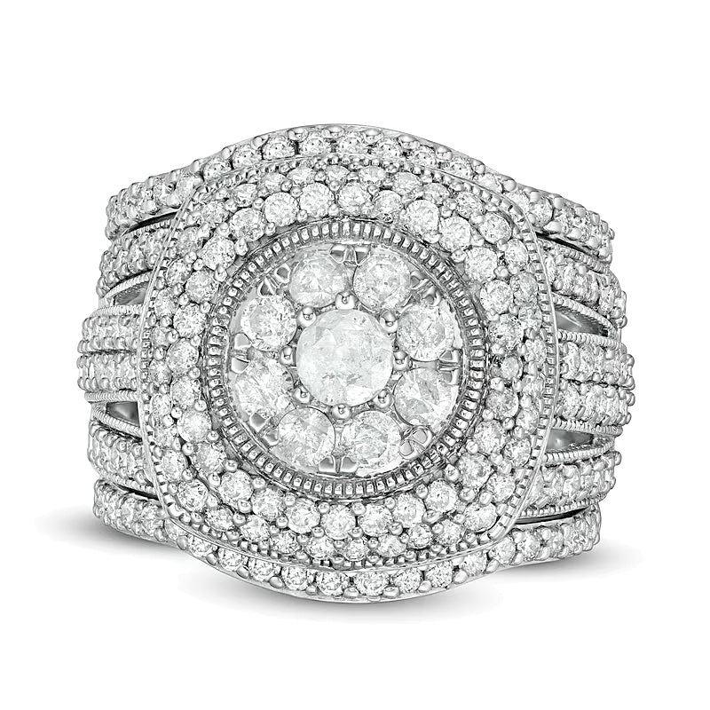 2.25 ct. Gesamtgewicht Komposit-Diamant Brautset im Vintage-Stil, mehrreihig mit Kissenschliff-Rahmen in 10K Weißgold