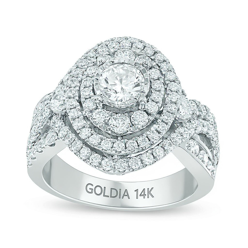 Verlobungsring mit Halo 2.0 ct. Gesamtgewicht Diamanten rund und oval in 14K Weißgold
