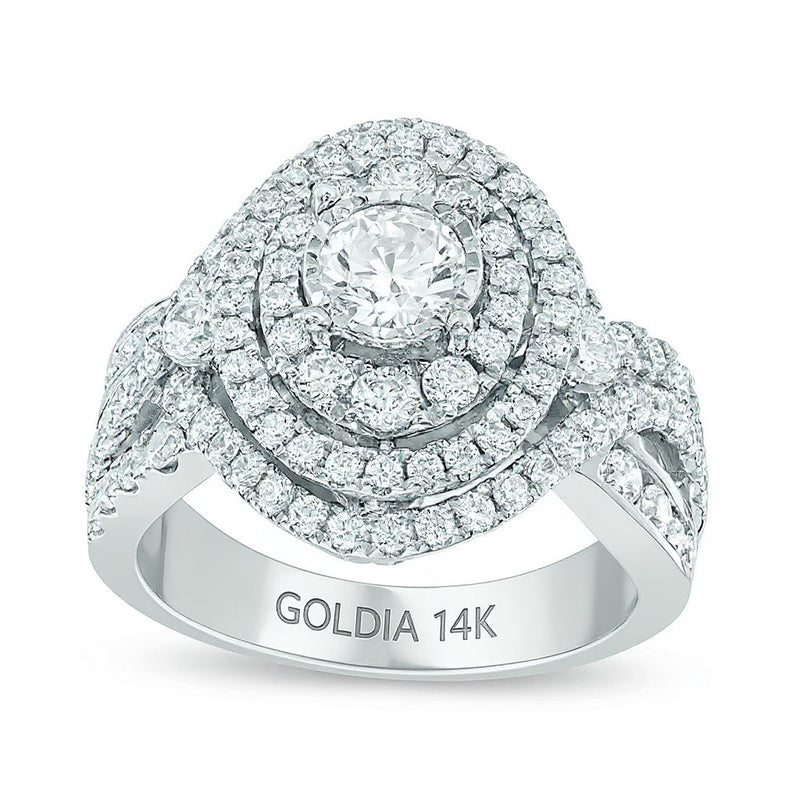 Verlobungsring mit Halo 2.0 ct. Gesamtgewicht Diamanten rund und oval in 14K Weißgold