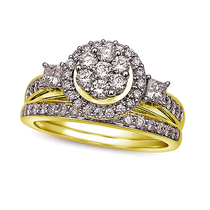 Braut-Set mit Diamanten in rund und Princess, 1.0 ct. Gesamtgewicht, 10K Gelbgold