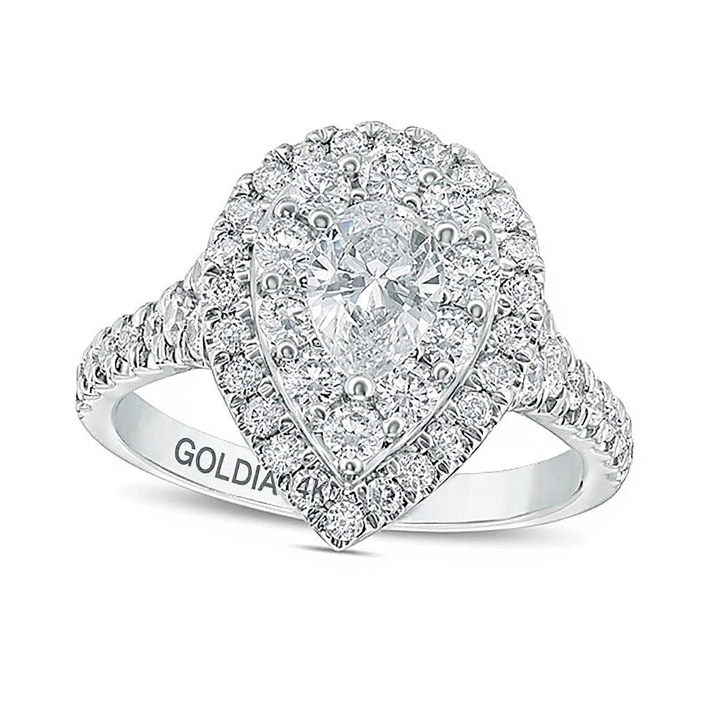 1,75 ct. Gesamtgewicht Verlobungsring mit tropfenförmigem Diamant und doppeltem Halo in 14K Weißgold (I/SI2)