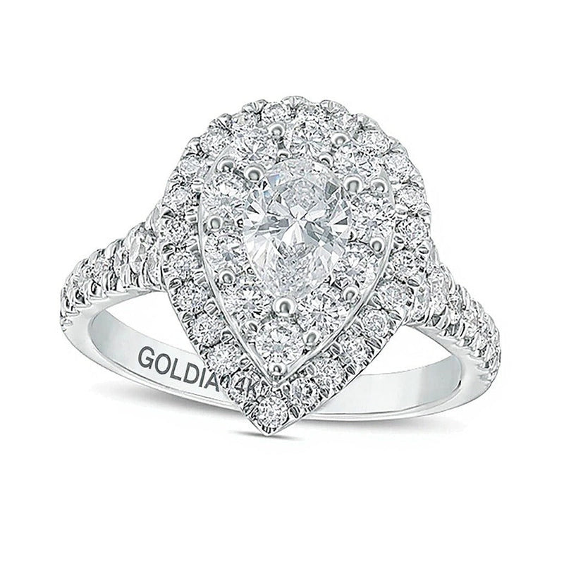 1,75 ct. Gesamtgewicht Verlobungsring mit tropfenförmigem Diamant und doppeltem Halo in 14K Weißgold (I/SI2)