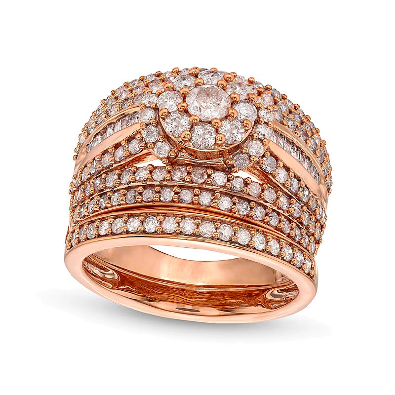 Braut-Set mit Diamanten 1.75 ct. Gesamtgewicht, rund und Baguette, mehrreihig, in 10K Roségold