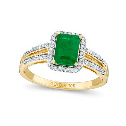Ring mit Smaragd im Smaragdschliff und Halo aus Diamanten 0,1 ct. Gesamtgewicht in 10K Gelbgold