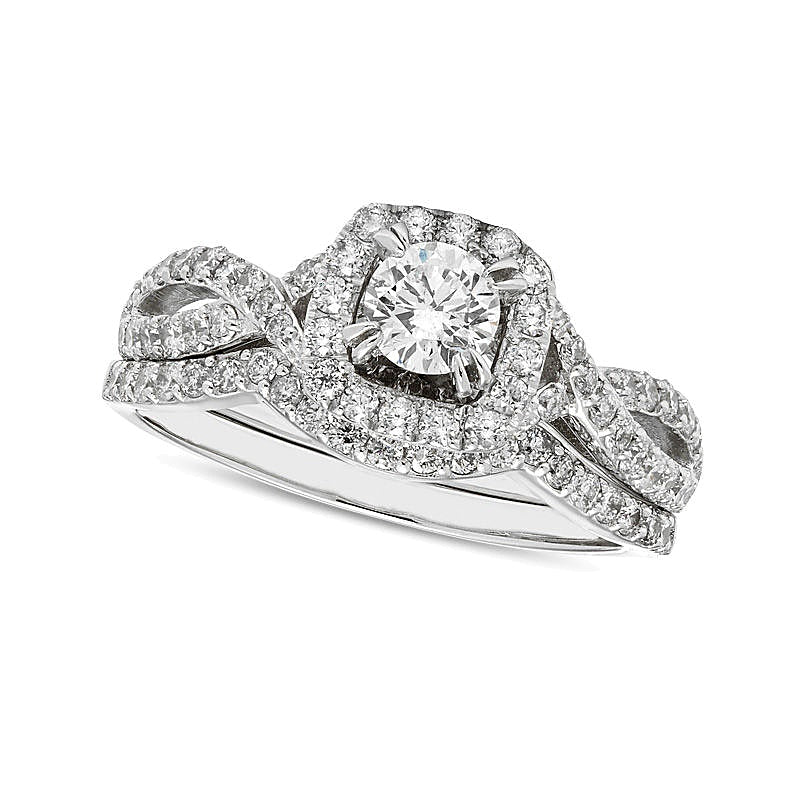 Braut-Set mit Diamanten in Rund und Kissenschliff, Kissen-Rahmen und gedrehter Schiene, Weißgold für Damen (1.0 ct. Gesamtgewicht, I/I2)