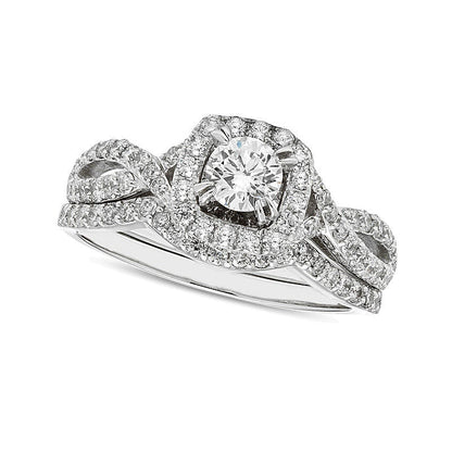 Braut-Set mit Diamanten in Rund und Kissenschliff, Kissen-Rahmen und gedrehter Schiene, Weißgold für Damen (1.0 ct. Gesamtgewicht, I/I2)