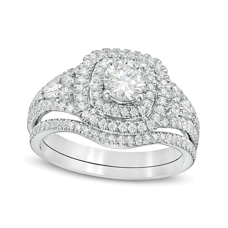 1.2 ct. Gesamtgewicht Diamant Brautset mit doppeltem Kissenschliff-Rahmen in 14K Weißgold