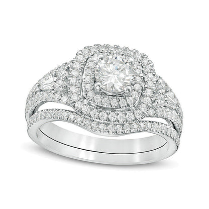 1.2 ct. Gesamtgewicht Diamant Brautset mit doppeltem Kissenschliff-Rahmen in 14K Weißgold