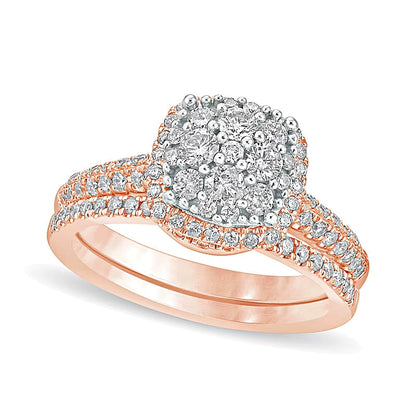 1.0 CT. Gesamtgewicht Komposit-Diamant Brautset mit Kissenschliff-Rahmen in 10K Roségold